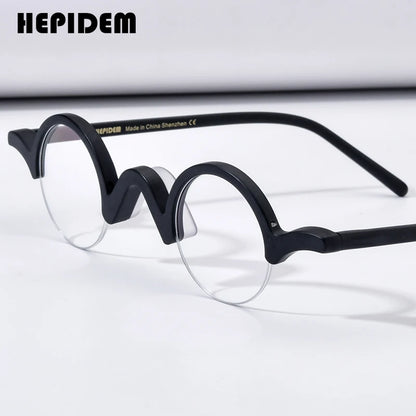 HEPIDEM Matte Acetate Eyeglasses Frame Women 2023 Fashion Round Glasses Half Rim Spectacles Eyewear H9281