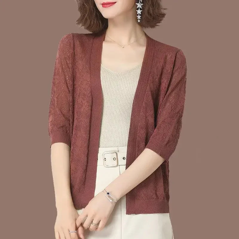 Nouveaux cardigans d'été surdimensionnés 2xl en tricot, vestes à demi-manches, manteaux en tricot en dentelle, coréens élégants, tendance, hauts ajourés pour protection solaire