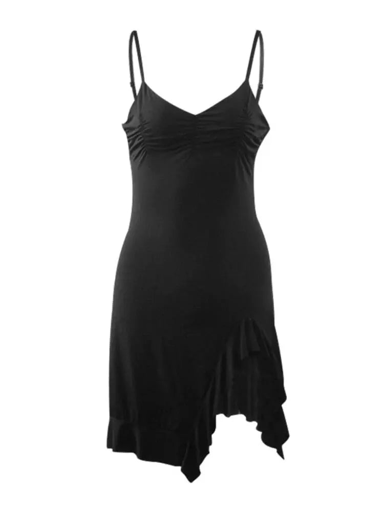 Robe mini à volants sexy fendue sur le côté pour femme, sans manches, à bretelles spaghetti, pour fêtes et clubs, couleur unie, cordon de serrage, robe séparée