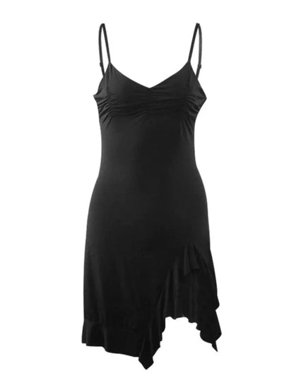 Sexy Minikleid mit Rüschen und Seitenschlitz für Damen, ärmelloses Spaghettiträgerkleid für Partys und Clubs, solides separates Kleid mit Kordelzug