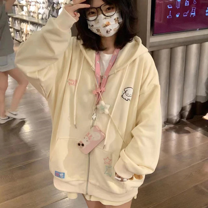 Harajuku Pink Kawaii Women Hoodies Sweet Cartoon Loose Zipper Female Sweatshirts Japanese Style New Ladies Hooded Jacket