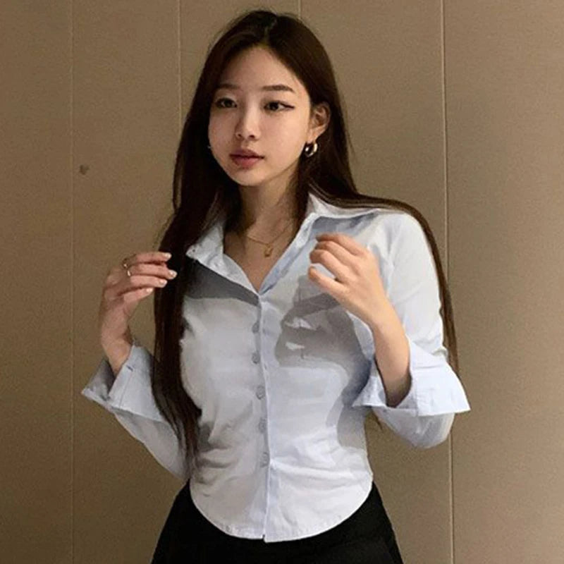 White Korean Sweet Shirt Y2K Slim Preppy Style Chiffon Female Long Sleeve Blouse Summer Fashion Office Casual Ladies Crop Tops