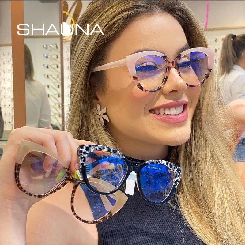 SHAUNA Retro TR90 Anti-Blue Light Cat Eye Women Glasses Frame Fashion Spring Hinge Men Colorful Leopard Optical Frame