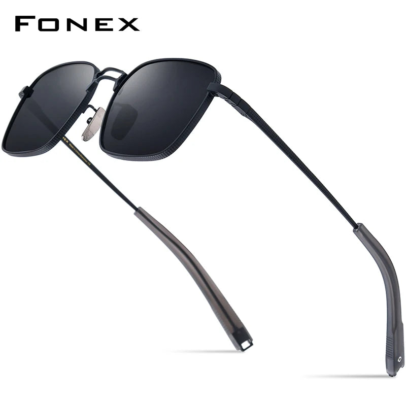 FONEX Lunettes de soleil en titane pour hommes et femmes, style rétro, vintage, carrées, haute qualité, verres en nylon, UV400, MRX-8827T