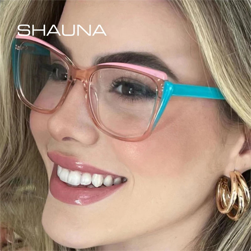 SHAUNA Retro Double Color Cat Eye Women Glasses Frame Fashion Clear Anti-Blue Light Optical Men Eyewear Frame