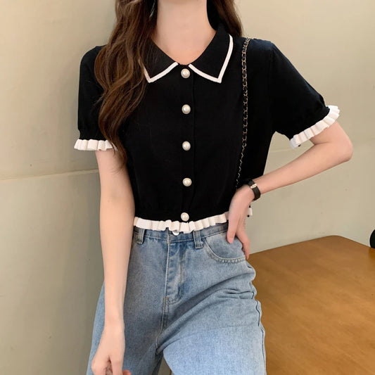 Süßes Damenhemd Koreanischer Strick Umlegekragen Chic Kurzarm Damenbluse Sommer Retro Schlank All Match Damen Crop Tops