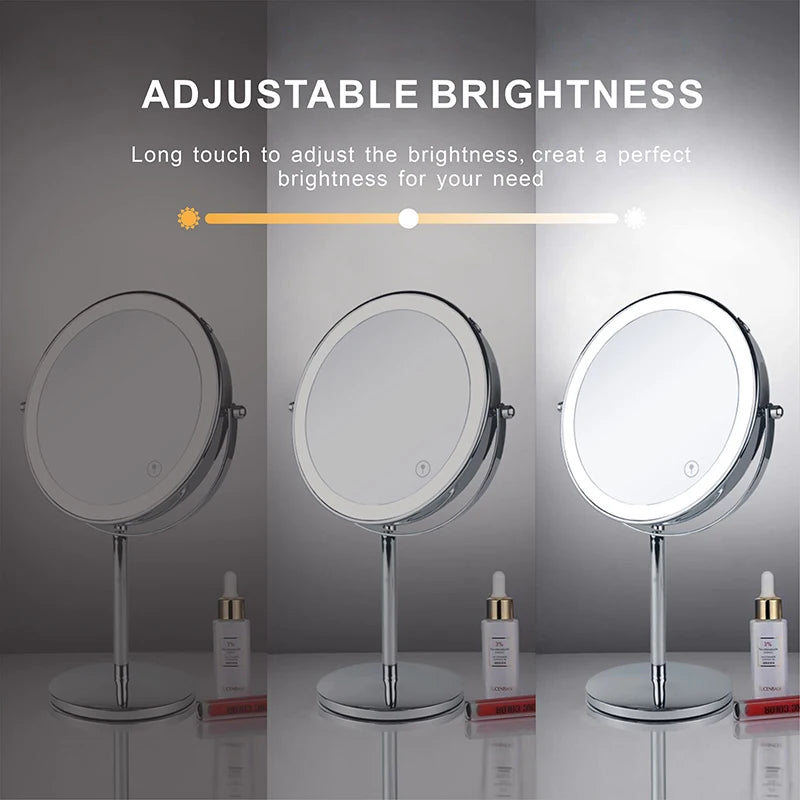 Miroir de maquillage à LED grossissant 10X de 8 pouces avec interrupteur tactile à 3 couleurs de lumière, miroir cosmétique de bureau à chargement USB double face