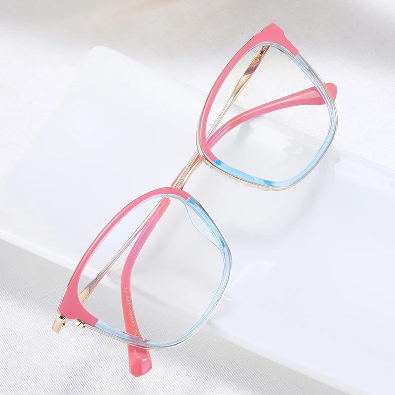 SHAUNA Fashion Square Women TR90 Metal Glasses Frames Retro Double Color Men Clear Anti Blue Light Eyewear Optical Frame