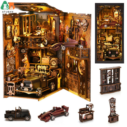 ATUBAN Book Nook Kit Classic Car F1 DIY Wooden Puzzle Bookshelf Insert Decor Dollhouse Model Bookend Building Decoration Gifts