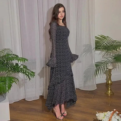 Polka Dot Print Chiffon Lotus Sleeve Desigh Dresses For Women High Waist Long Sleeve Elegant Dress Female Spring 2024