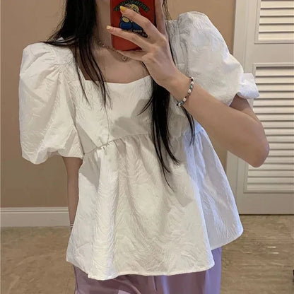 Korean Solid Women Crop Shirt Sweet Folds Puff Short Sleeve Female Blouse Summer New Preppy Style Loose Square Collar Ladies Top