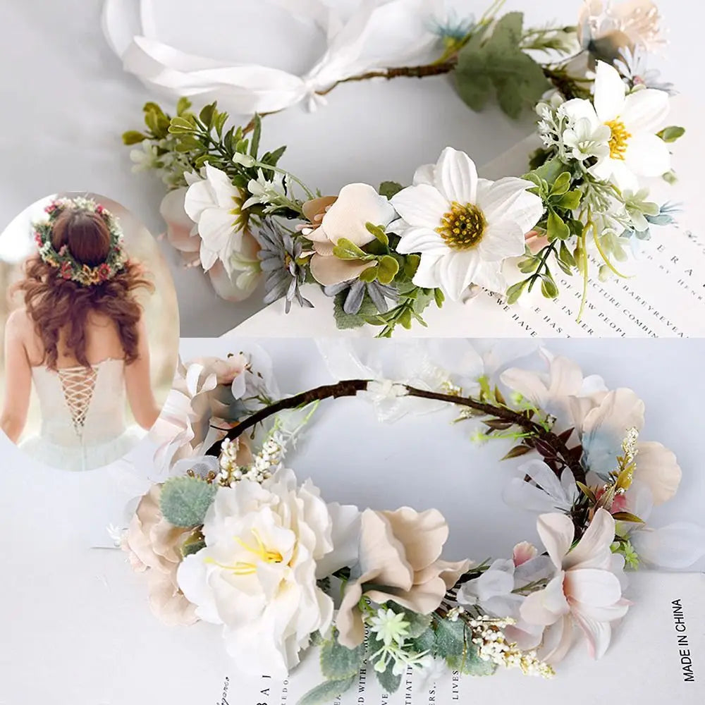 Handmade Bridal Hairband Beach Wreath Hair Jewelry Garland Crown Headwear for Wedding Flower Wreaths Flower Tiara