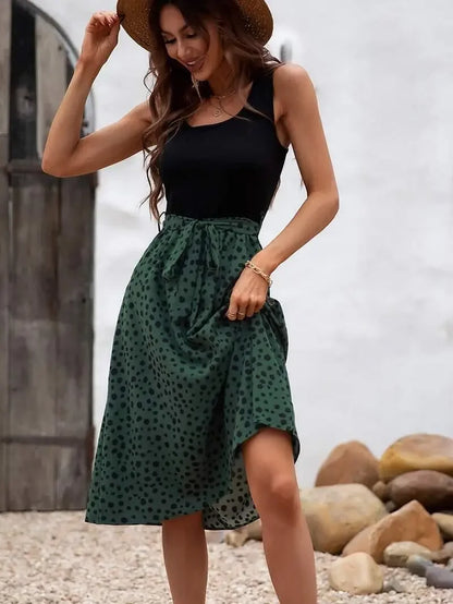 Women Casual Dress Knee Length Patchwork Dress Waist Bow Spliced Elegant Ladies Summer Sleeveless High Waist Dress Holiday