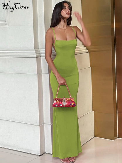 Hugcitar 2024 Spring Solid Sleeveless Backless Elegant Sexy Bodycon Y2K Maxi Prom Dress Women Clothes Birthday Party Casual Y2K