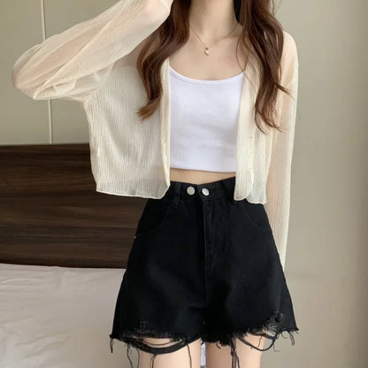 Fairy Style Solid Cardigan Women Summer New Long Sleeve Sunscreen Sweet Beading V-neck Basics Loose Chiffon Cardigan