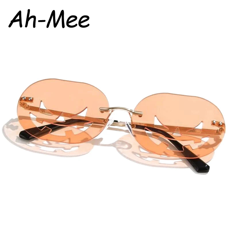 Randlose Kürbisform Halloween Sonnenbrille Frauen Männer Oval Legierung Rahmen Sonnenbrille Weibliche Kürbis Punk Brille Oculos