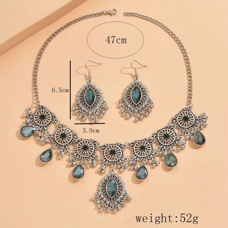 Vintage Ethnic Jewelry Set For Woman Resin Stone Jewelry Sets Hollow Metal Water Drop Necklace Earrings Set For Women