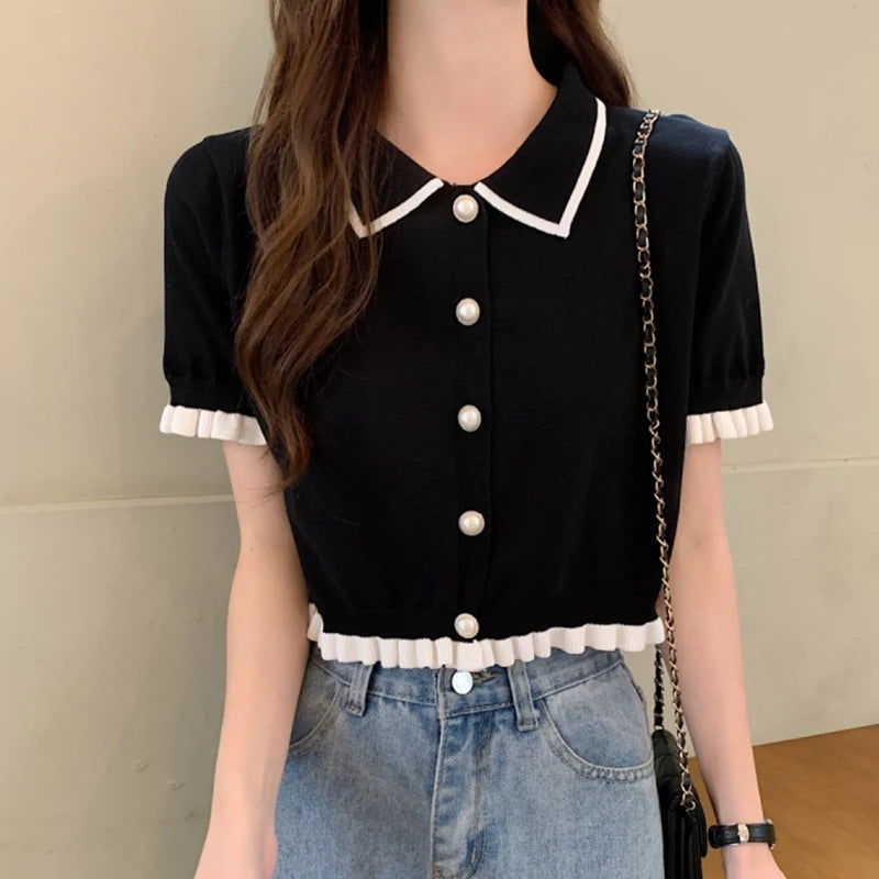 Süßes Damenhemd Koreanischer Strick Umlegekragen Chic Kurzarm Damenbluse Sommer Retro Schlank All Match Damen Crop Tops