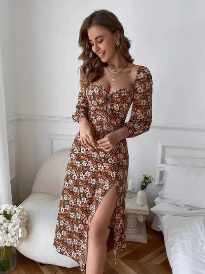 Allover Floral Sweetheart Neck Split Thigh Dress Summer Women Dress Backless Zipper Long Sleeve Beach Wear Dress