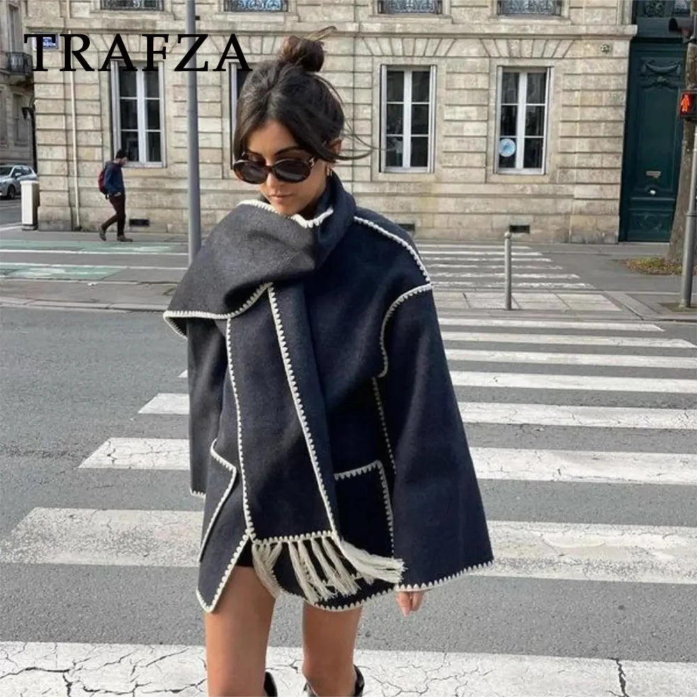 TRAFZA 2023 Frauen Herbst Winter Casual Zickzack Schal Kragen Jacken Mode Lose Streetwear Elegante Demi-saison Jacke Für Frauen