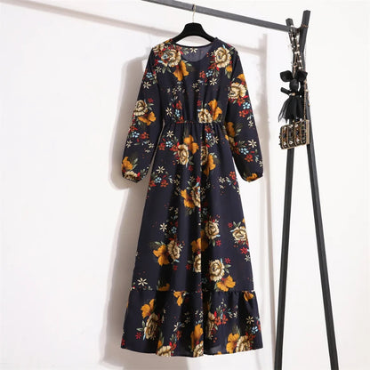 Automne Printemps Robes En Mousseline De Soie Mode Féminine À Manches Longues Vintage Imprimé Floral Décontracté Longue Robe Femmes Maxi Robes Robes