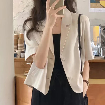 Summer Blazers Women Blazers Medium Elasticity Polyester Short Sleeves Single Breasted Solid Color Summer Hot New