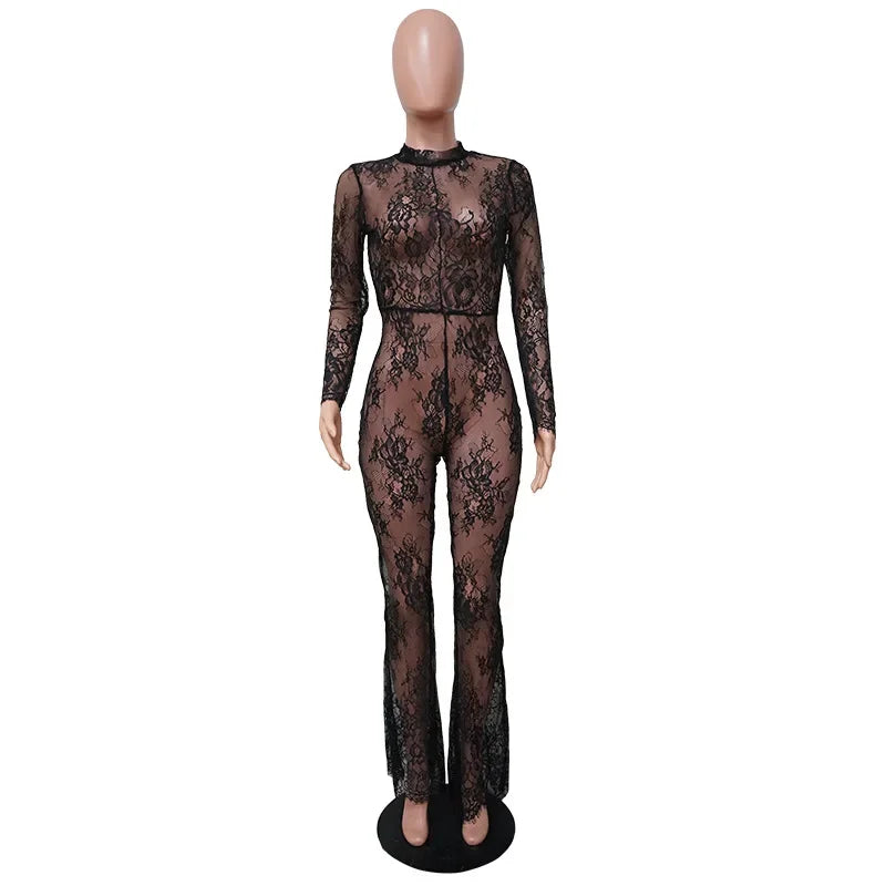 Summer Women Fashion Lace Hollow Out Bodysuit Pants Sets Slim Onesies Flare Pants Versatile Women's Chic Long Leggings