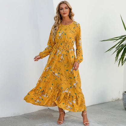 2023 Printemps Été Bohème Femmes Maxi Robe Décontractée À Manches Longues Taille Haute Plage Femme En Mousseline De Soie Robes Florales Robes Mujer Nouveau