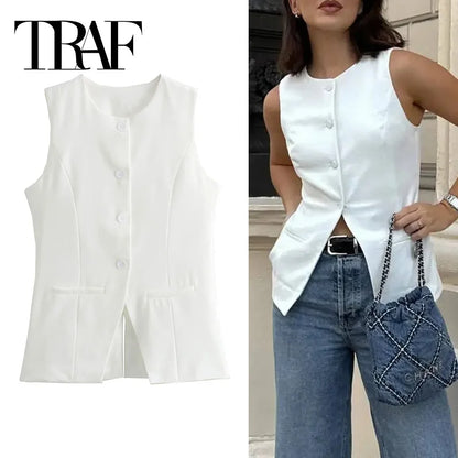 TRAF 2024 Women Vest Button Sleeveless Jacket Women Waistcoat Summer White Vest Woman Fashion Elegant Women's Suit Vest Coat