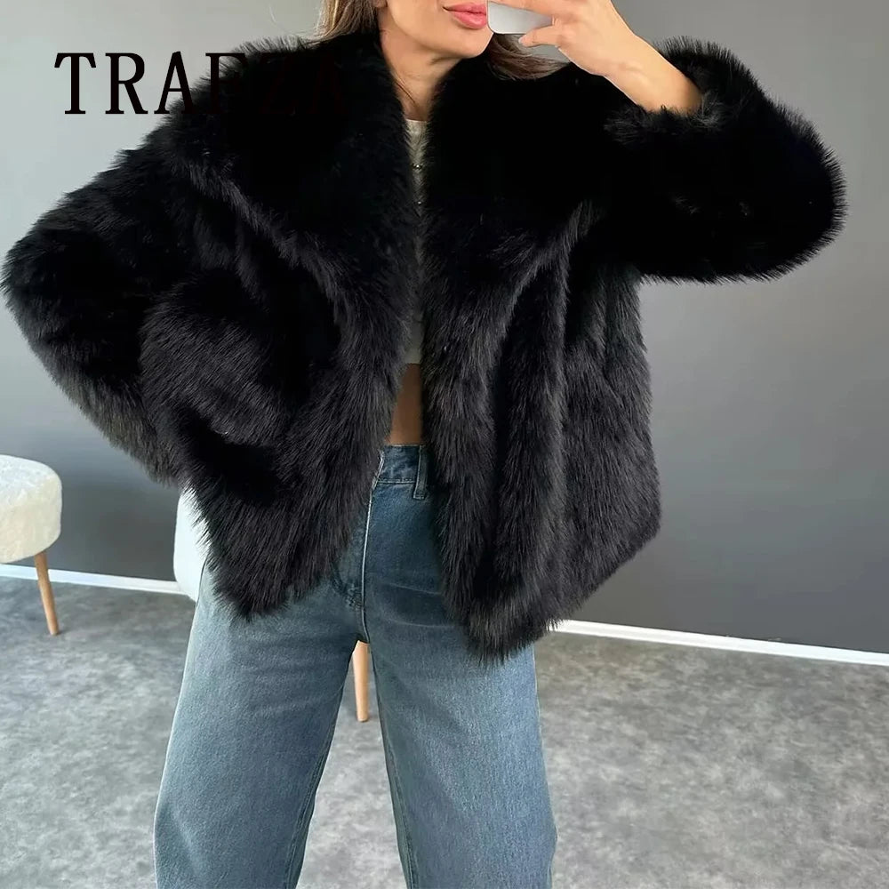 TRAFZA 2024 Herbst Winter Frauen Casual Faux Pelz Jacken Mode Streetwear Solide Übergroßen Drehen Unten Kragen Elegante Dicke Mäntel