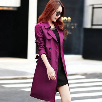 Purple Windbreaker Women's Mid-Length Trench Coat 2023 Spring New Korean Slim Waist British Casual Autumn Coat With Belt Outwear