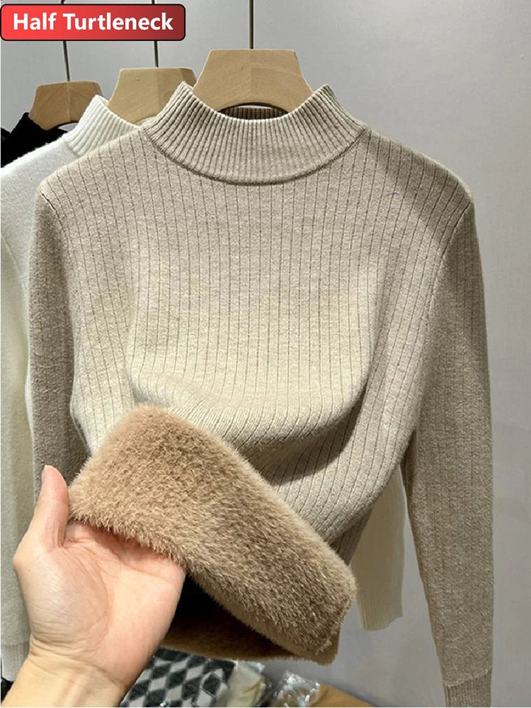 Pull pour femme décontracté épais chaud tricot peluche velours doublé pull hauts automne hiver doux tricots pull nouveau mince Poleras