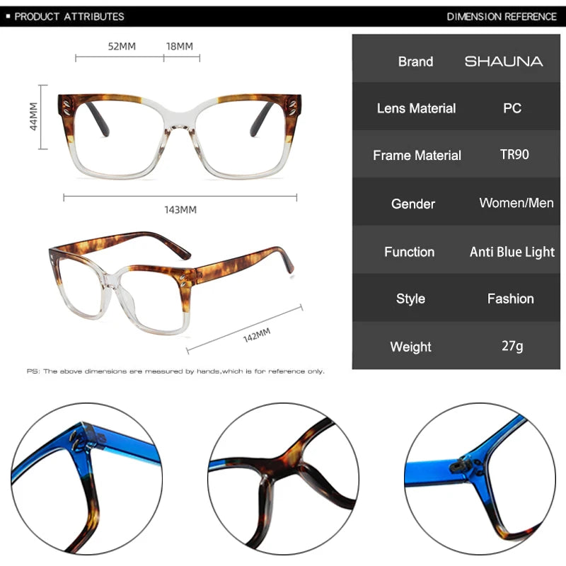 SHAUNA New Double Color Square Women Glasses Frame Clear Anti-Blue Light Eyewear Retro Men Rivets Gradient Sunglasses