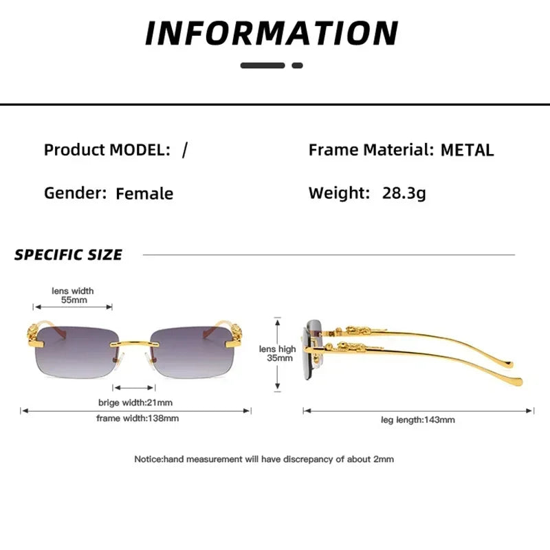 New Rimless Rectangle Vintage Metal Leopard Head Sunglasses Fashion Frameless Tinted Glasses Shades For Women Men