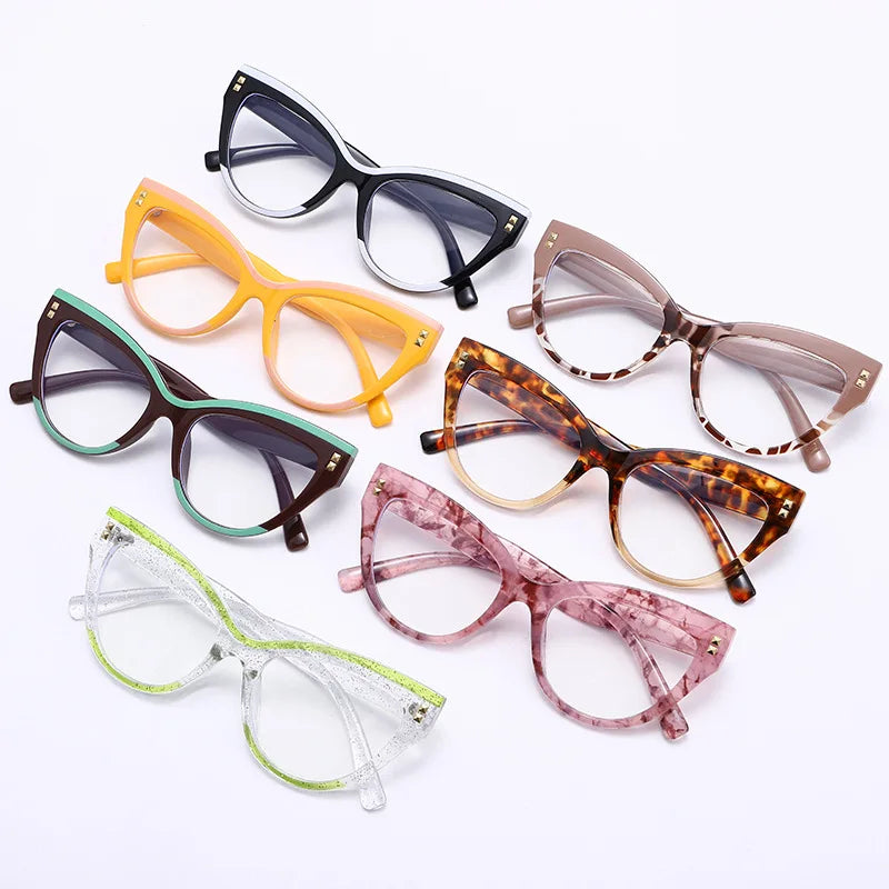 New Fashion Women Brand Designer Glasses For Ladies Retro Cat Eye Rivet Decoration Frame Clear Reading Computer Top Quality Eyeg