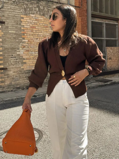 Cardigan tricoté à boutons en métal marron élégant pour femmes, mode col en V à manches longues, vêtements d'extérieur amples, automne 2024, streetwear haut de gamme