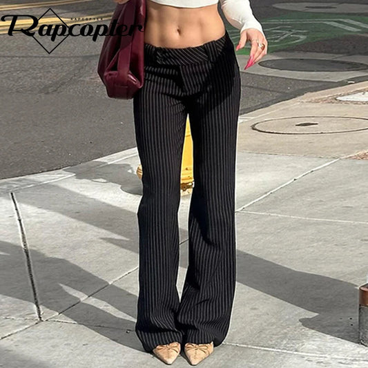 Rapcopter y2k Striped Flare Pants Low Waisted Pockets Vintage Streetwear Trousers Fashion Black Korean Aesthetic Gothic Pants