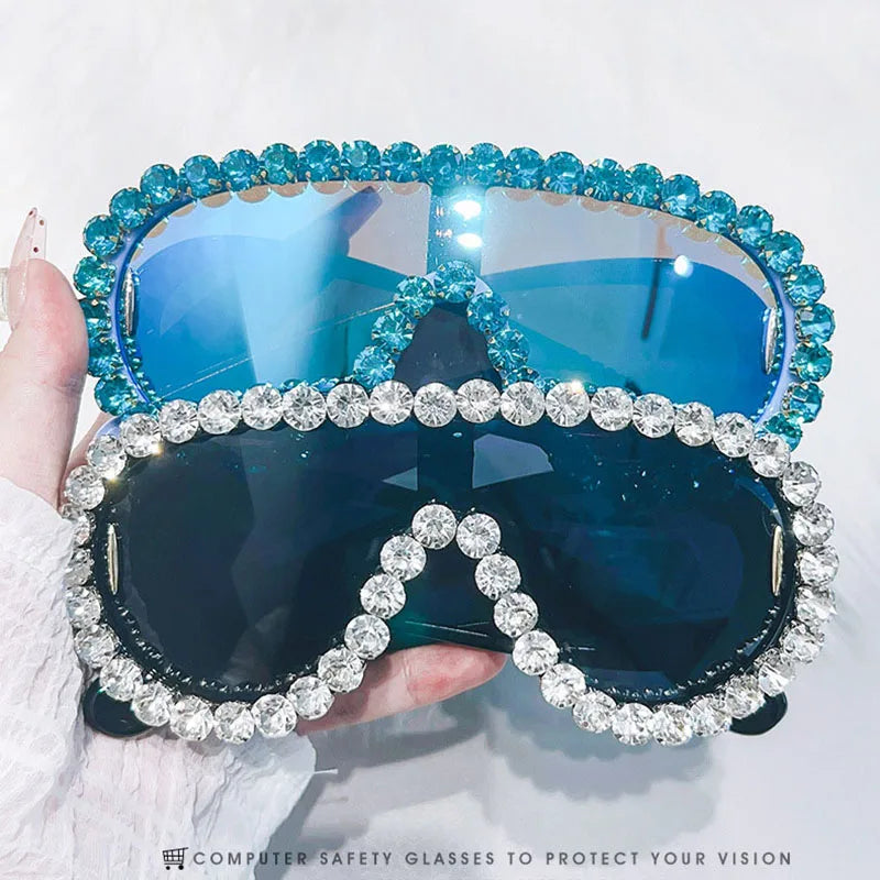 SHAUNA Luxury Crystal Oversized Mirror Coating Women Goggle Sunglasses UV400