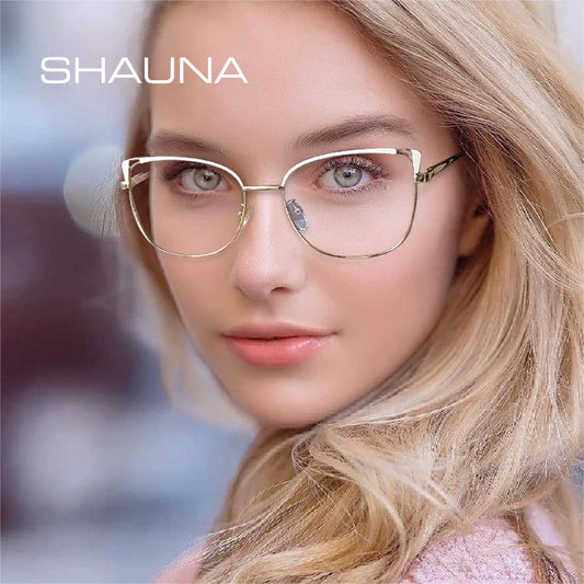 SHAUNA Retro Metal Spring Hinge Women Glasses Frame Clear Anti Blue Light Optical Frame Men Cat Eye Computer Glasses