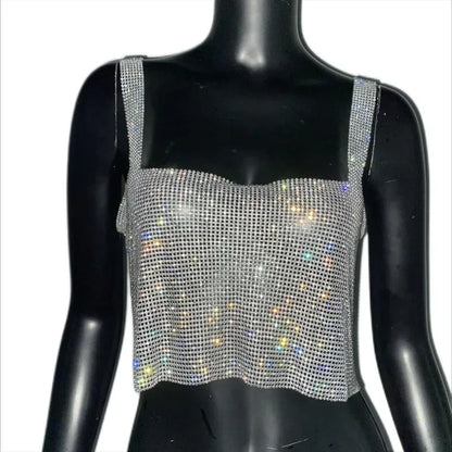 Haut court de fête à strass bling 2024 Mode solide bretelles dos nu diamants paillettes haut court camisole pour femmes