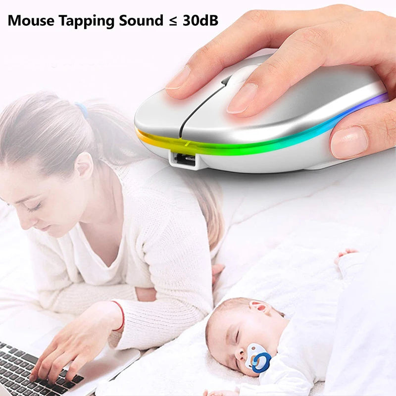 Souris sans fil 2,4 GHz RGB rechargeable Bluetooth sans fil pour ordinateur portable et PC