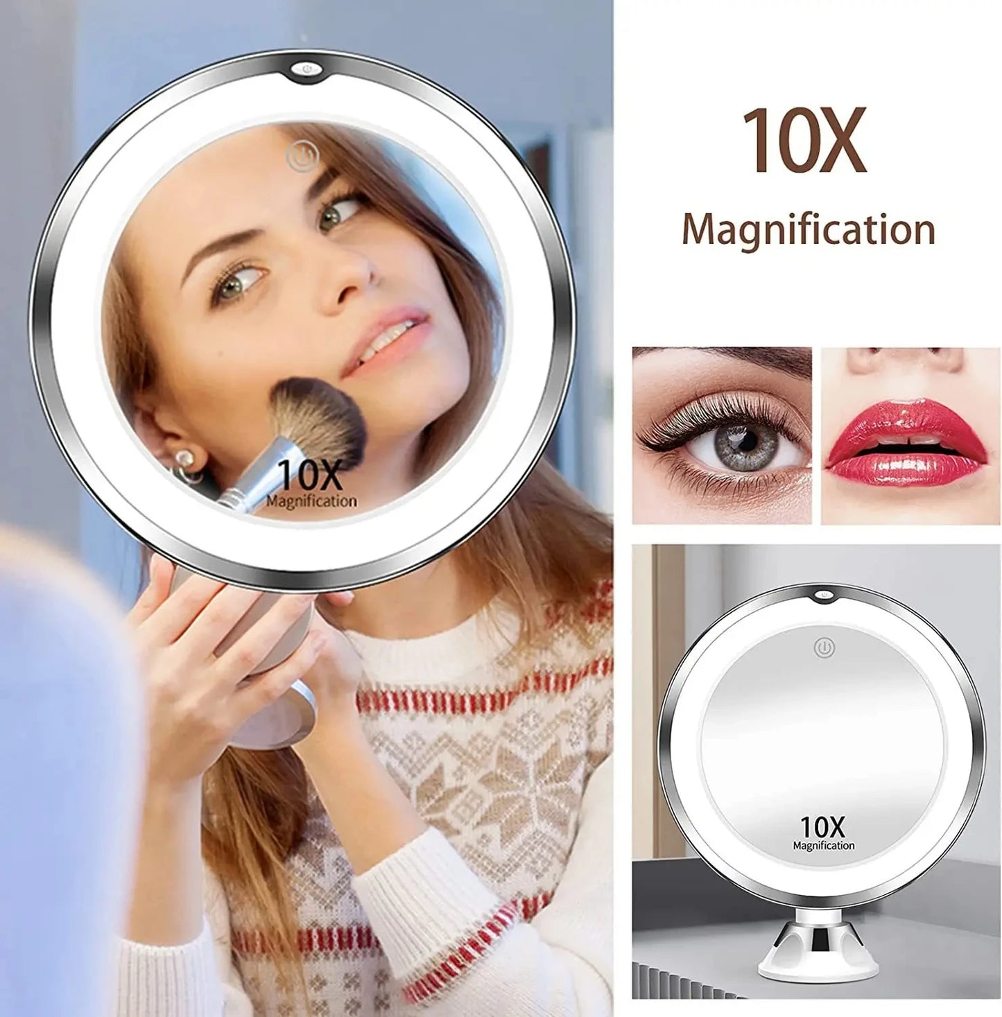 Miroir de courtoisie flexible grossissant 10x avec lumières, éclairage à écran tactile, lampe de maquillage, ventouse inférieure, conception portable LED