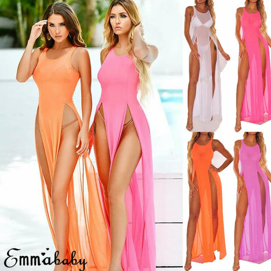 Summer Women Swimsuit Bikini Cover Up Sexy Beach Cover Ups Chiffon Long Dress Elegant Solid Beach Bathing Suit Tunic Hot Sale