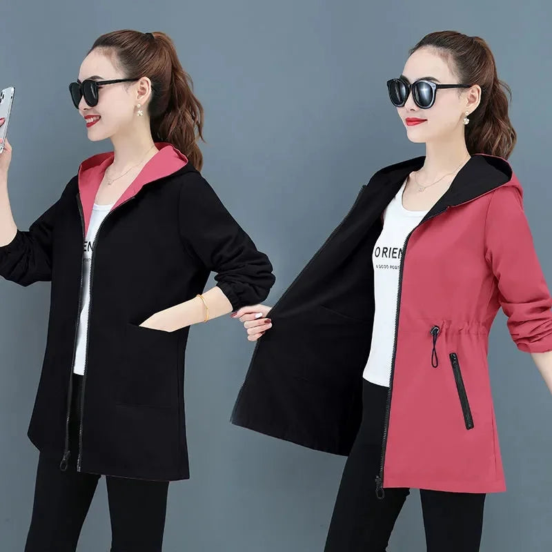 2024 Nouvelle Veste Femme Automne Double Face Coupe-Vent Femme Manches Longues Vestes À Capuche Décontracté Manteau De Base Vêtements D'extérieur Amples 4XL