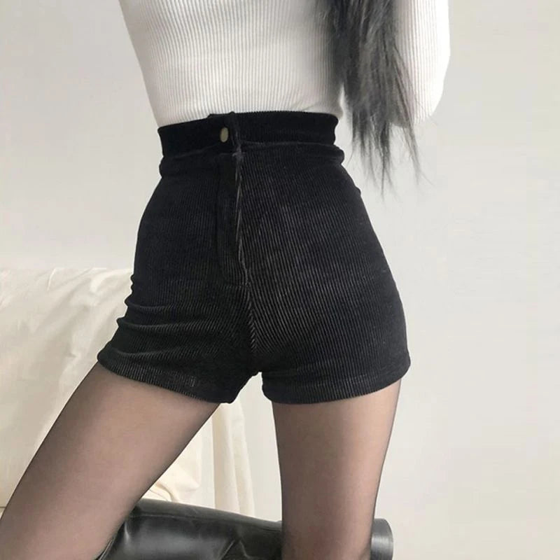 Black Women Corduroy Shorts Sexy Slim High Waist Female Casual Shorts Autumn Stretch Goth New Fashion All Wear Ladies Shorts