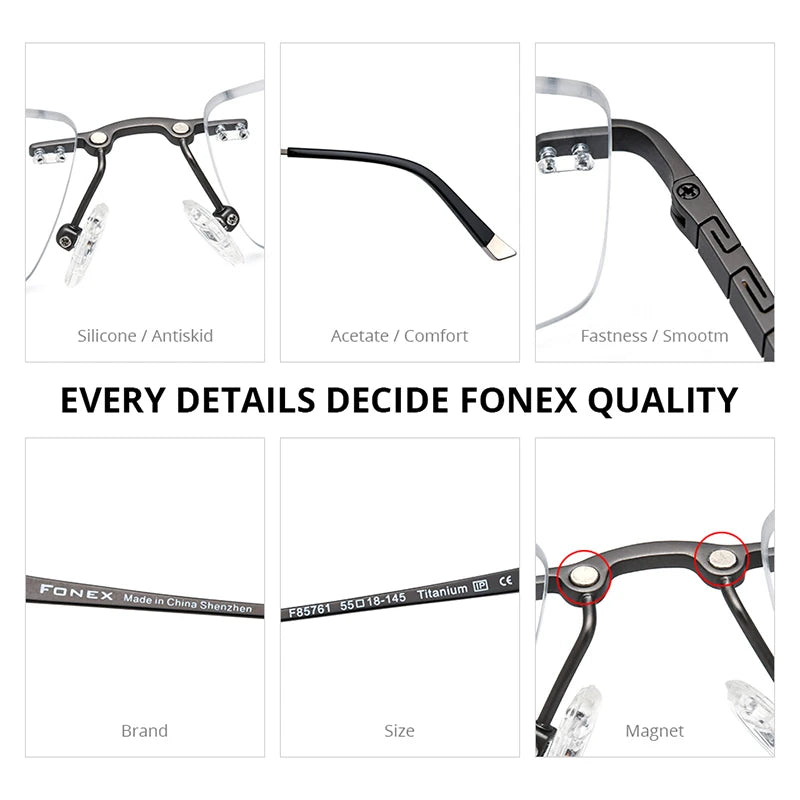 FONEX Titan-Brillenrahmen für Herren, quadratisch, Magnetclip, randlose Brille mit 3D- und polarisierten Gläsern und Nachtsichtgläsern F85761