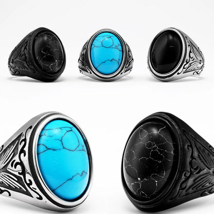 Black Turquoise Carved Men Rings Stainless Steel Women Jewelry Vintage Punk Rock Cool Stuff Fashion Accessories Gift Wholesale