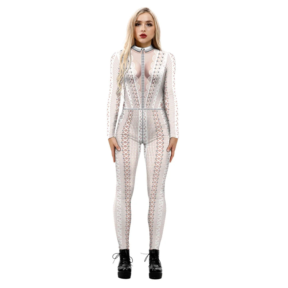 FCCEXIO Lace Sequins Pattern 3D Printed Cosplay Costume Sexy Jumpsuit Bodysuit Adult Carnival Party Clothing S-XL monos mujer