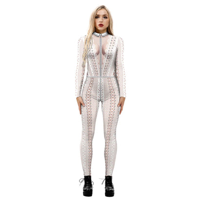 FCCEXIO Lace Sequins Pattern 3D Printed Cosplay Costume Sexy Jumpsuit Bodysuit Adult Carnival Party Clothing S-XL monos mujer