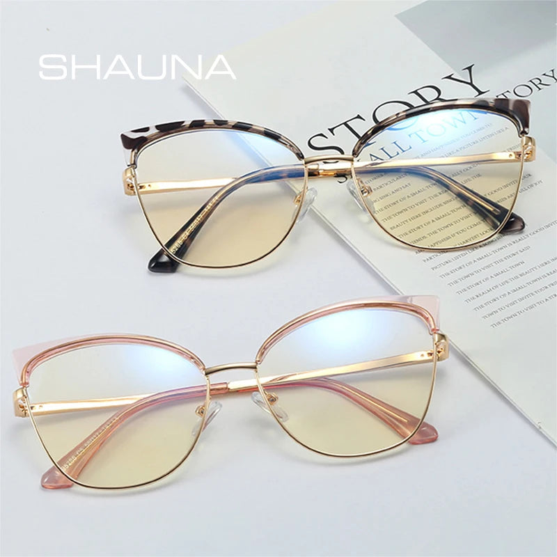 SHAUNA Retro Cat Eye Women Metal Glasses Frame Clear Anti Blue Light Optical Eyewear Fashion Men Spring Hinge Computer Goggles